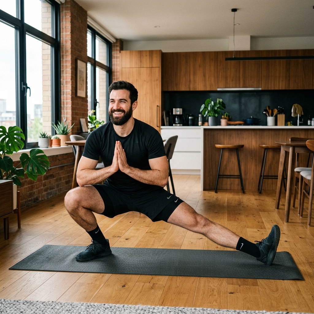 Man exercising and stretching indoors