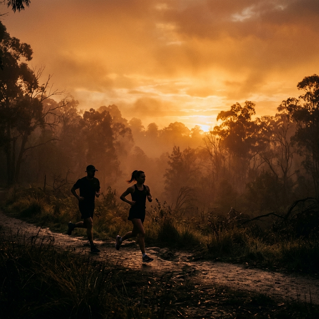 People running at sunset